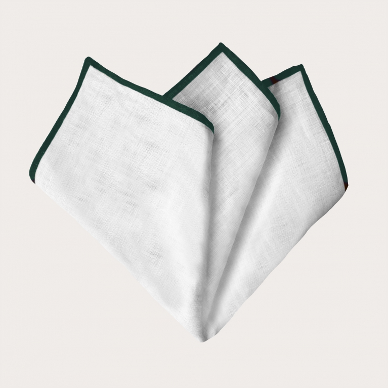 Pañuelo de bolsillo en lino, blanco con bordes verde