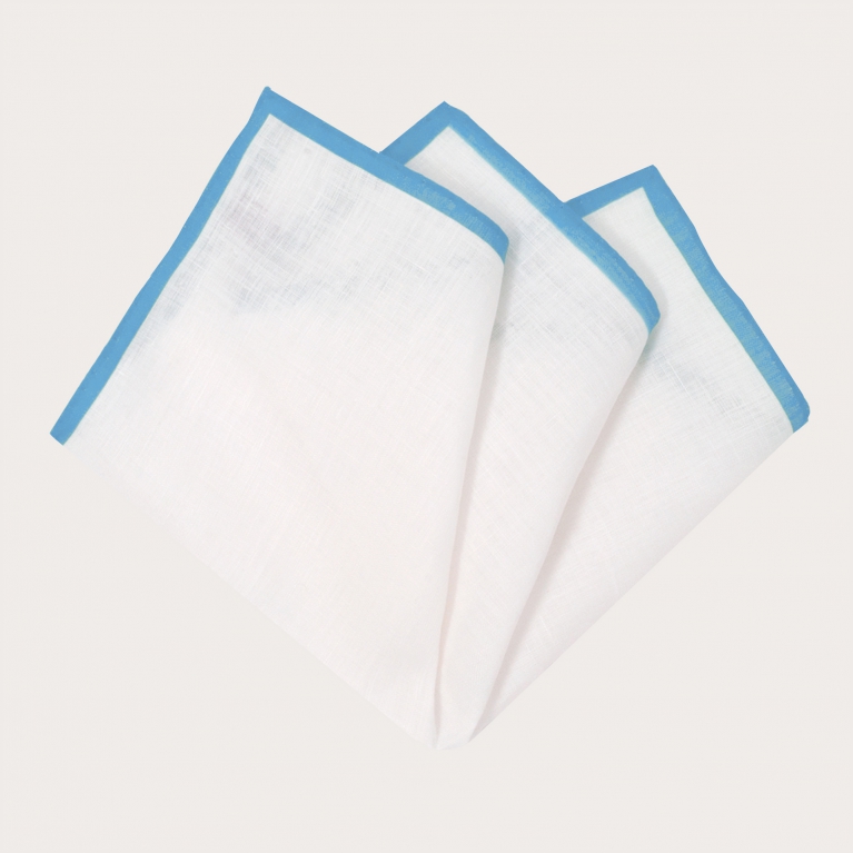 Linen pocket square, white with sky blue edge