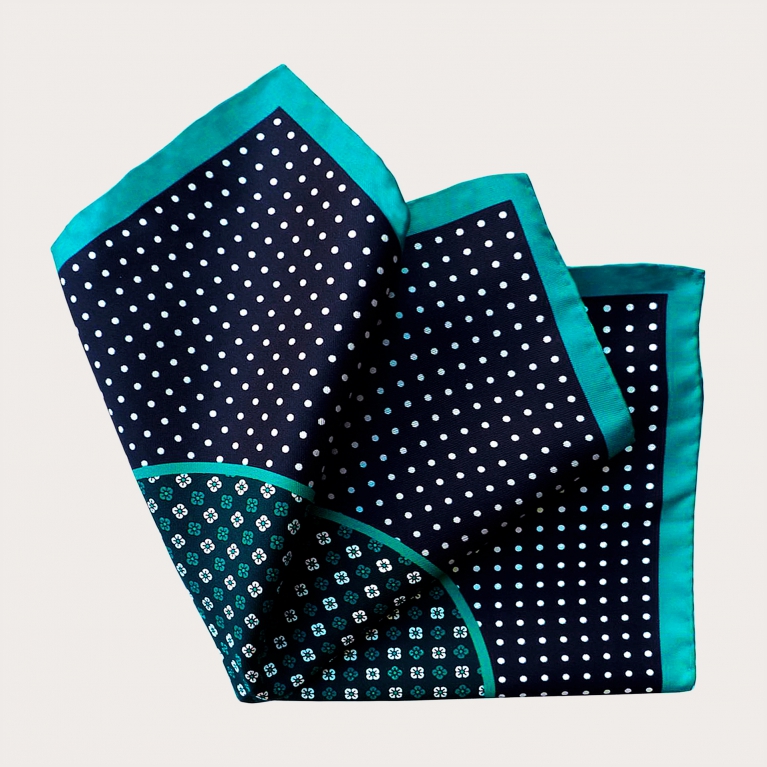 Silk pocket square with floral pattern and polka dots, teal