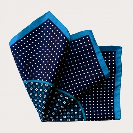 Silk pocket square with floral pattern and polka dots, blue
