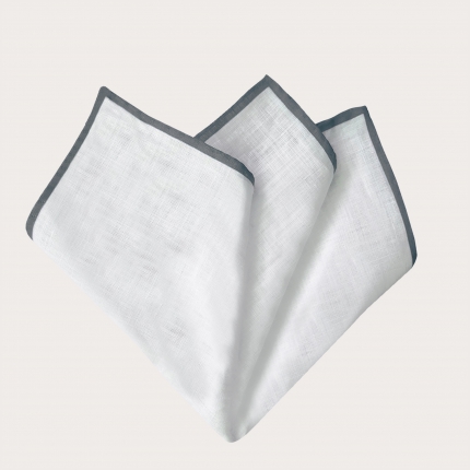 Pañuelo de bolsillo en lino, blanco con bordes gris