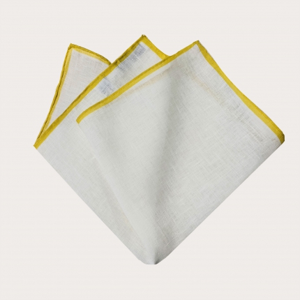 Pañuelo de bolsillo en lino, blanco con bordes amarillo