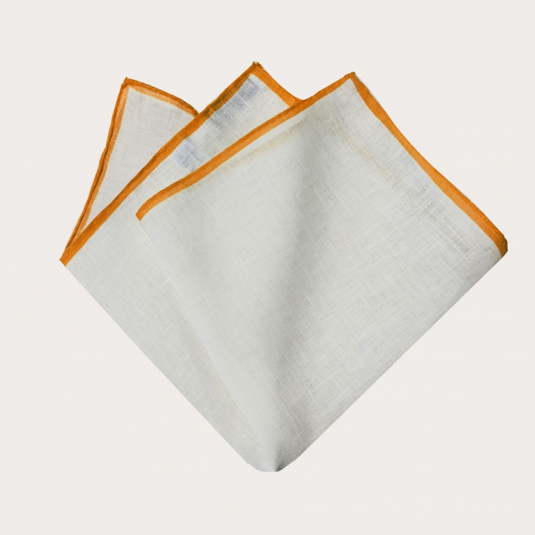 Pocket square in linen, white with orange edges