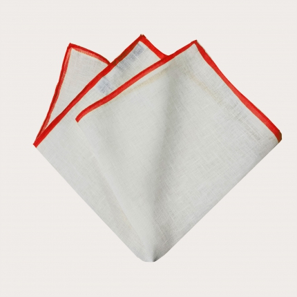 Pocket square in linen, white with red edges