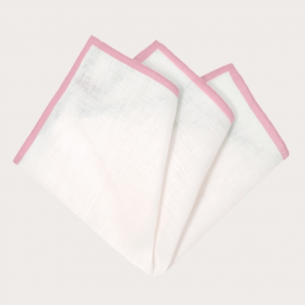 BRUCLE Mouchoir de poche en lin, blanc bords rose