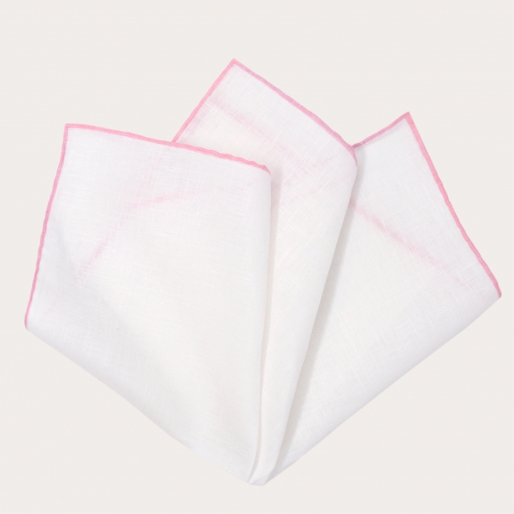 BRUCLE Wide pocket square in linen, white with pink edges