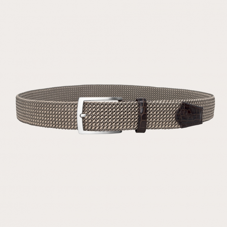 Braided elastic stretch tubular belt, tan and brown, nickel free