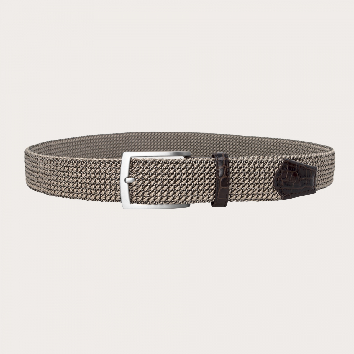 BRUCLE Braided elastic stretch tubular belt, tan and brown, nickel free