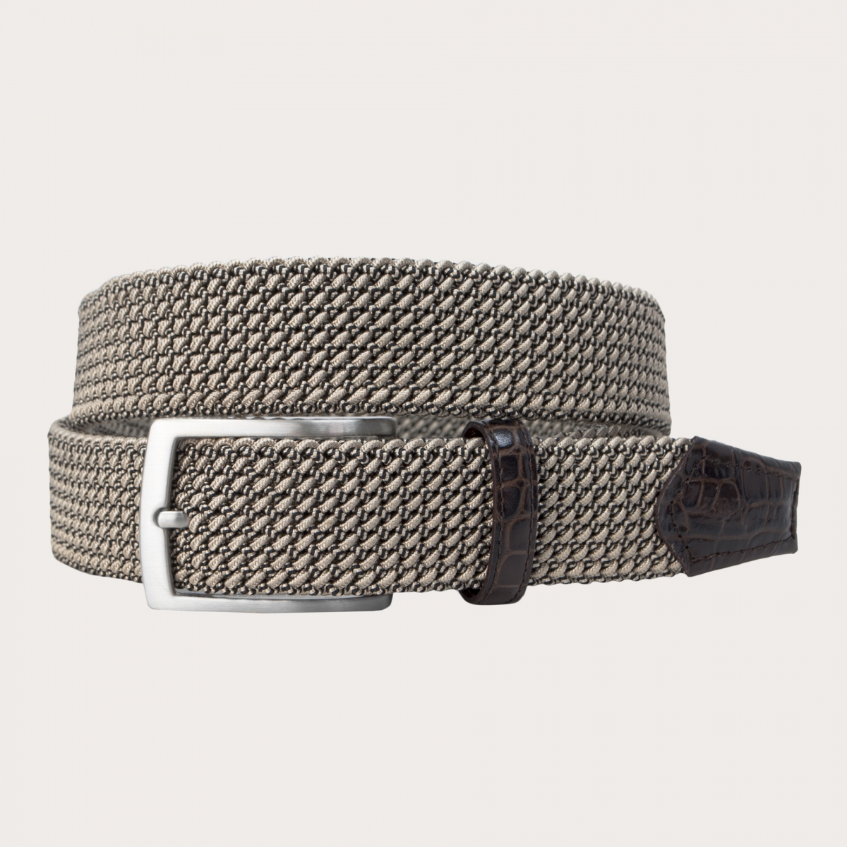 BRUCLE Braided elastic stretch tubular belt, tan and brown, nickel free