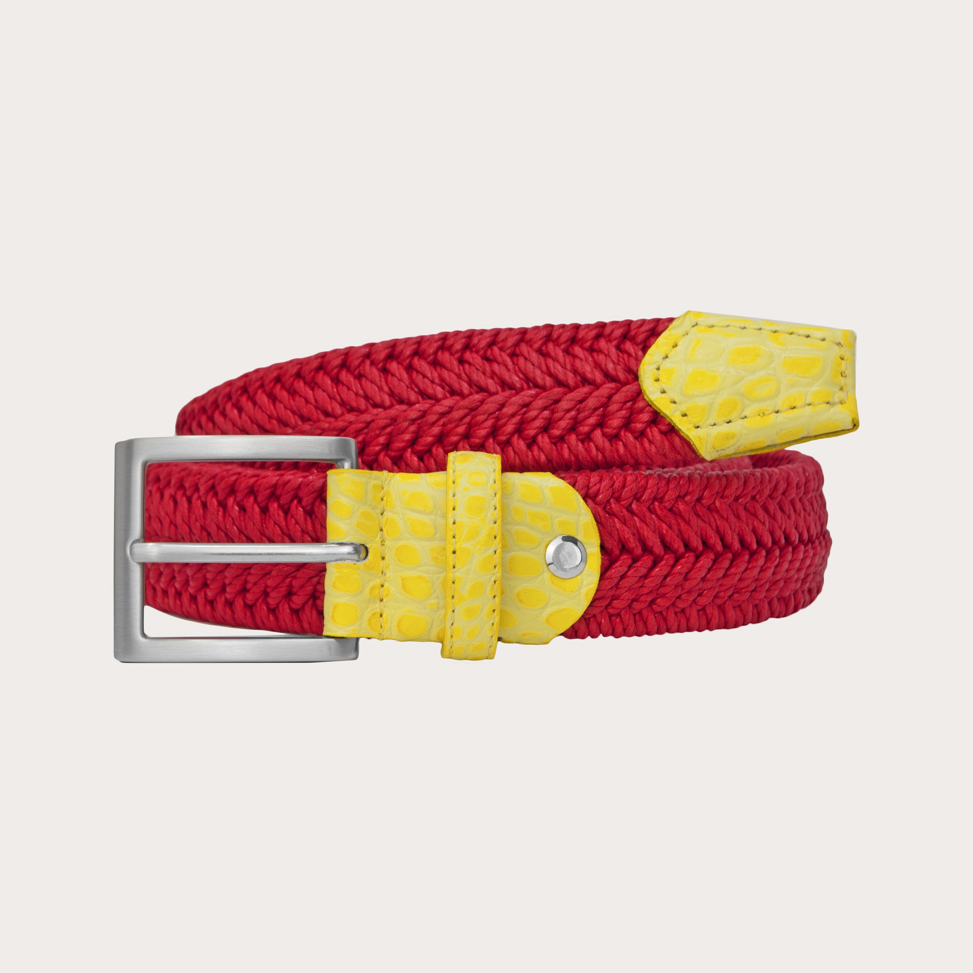 BRUCLE Cintura elastica intecciata rossa con pelle gialla e fibbia nichel free