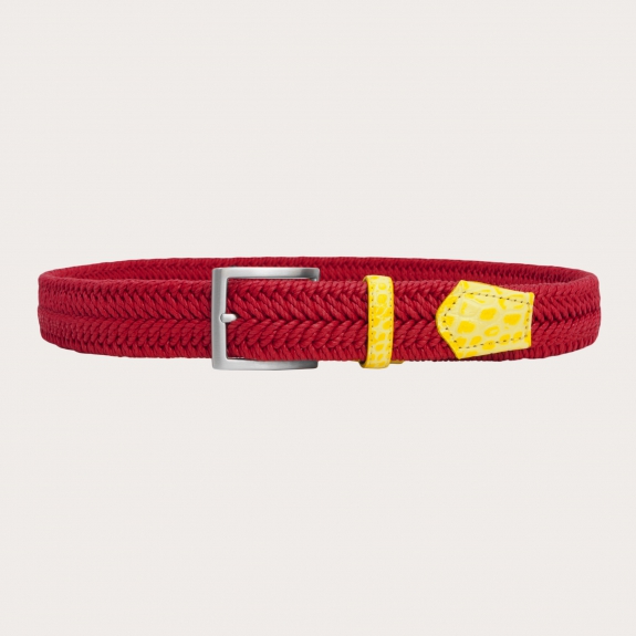 Cintura elastica intecciata rossa con pelle gialla e fibbia nichel free