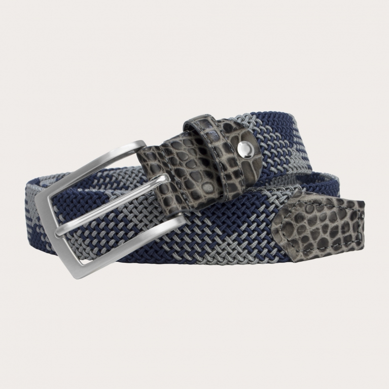 Elastic woven nickel free belt with grey and blue pattern
