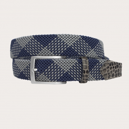 Elastic woven nickel free belt with grey and blue pattern