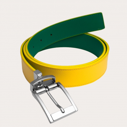 Cinturón reversible amarillo y verde en cuero genuino con punta cuadrada
