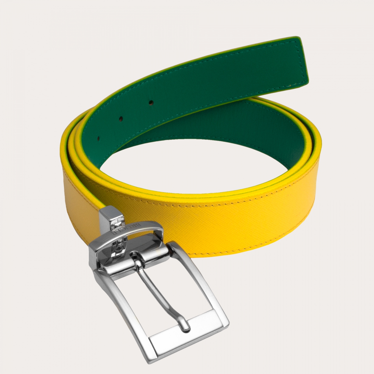 BRUCLE Cintura reversibile gialla e verde in vera pelle punta squadrata