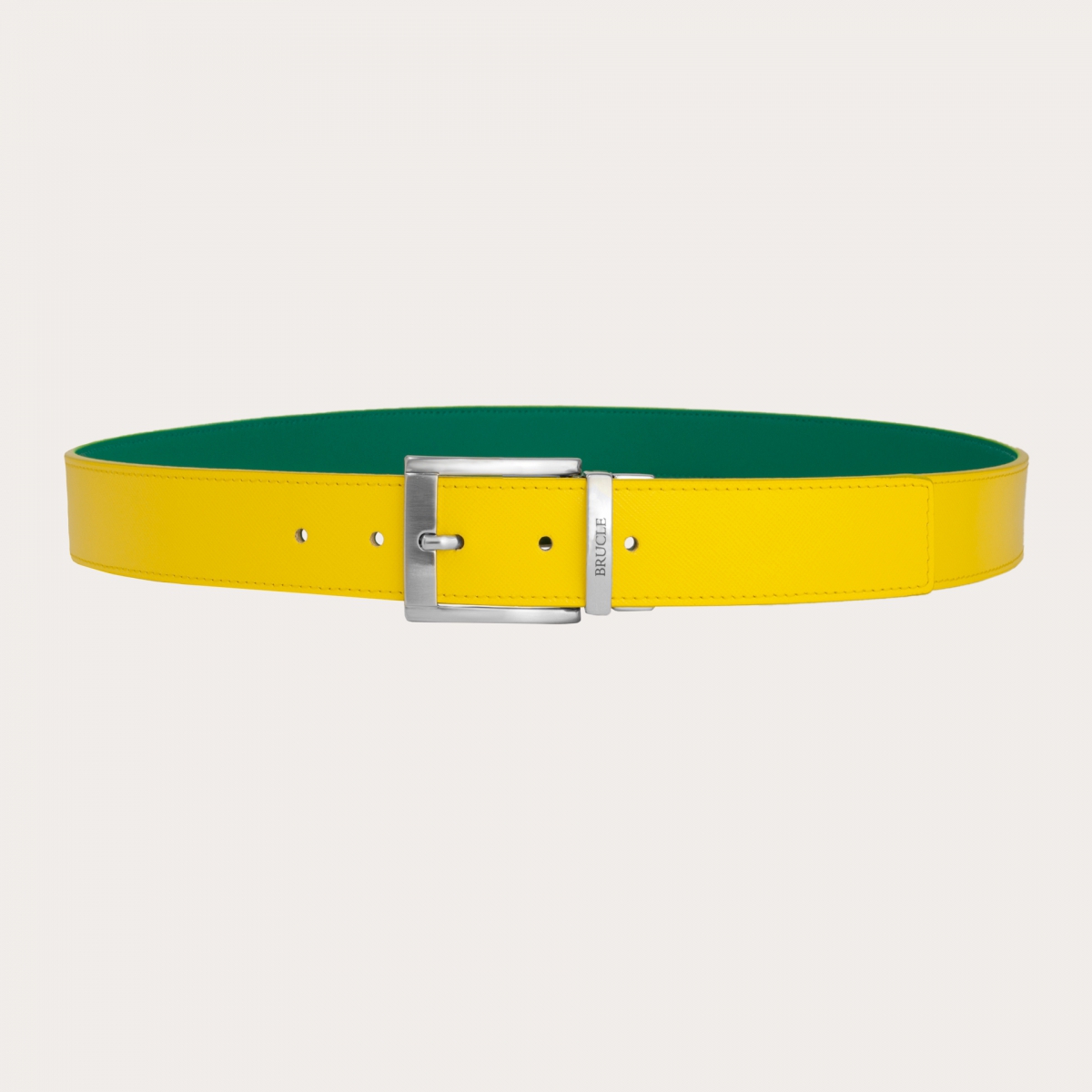 BRUCLE Cinturón reversible amarillo y verde en cuero genuino con punta cuadrada