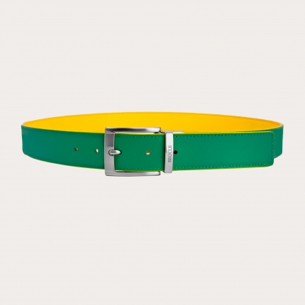 Reversible yellow and green belt in genuine leather with square tip