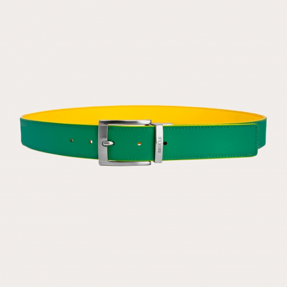 BRUCLE Cinturón reversible amarillo y verde en cuero genuino con punta cuadrada