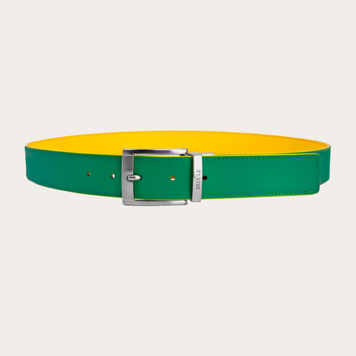 BRUCLE Cinturón reversible amarillo y verde en cuero genuino con punta cuadrada