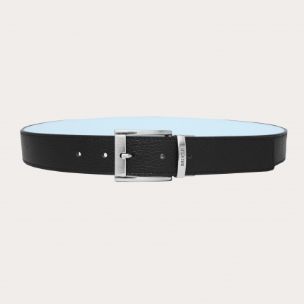 Cintura reversibile in vera pelle con punta quadrata, azzurro e nero