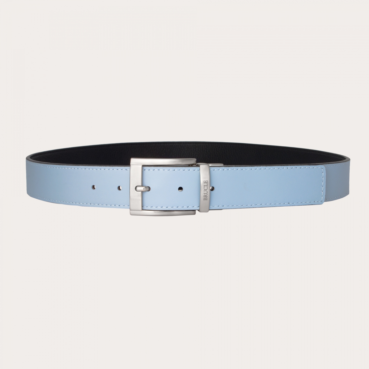 BRUCLE Cinturón reversible negro y azul en cuero genuino con punta cuadrada