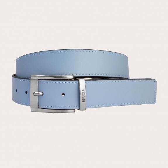 BRUCLE Cintura reversibile nera e azzurra in vera pelle punta quadrata