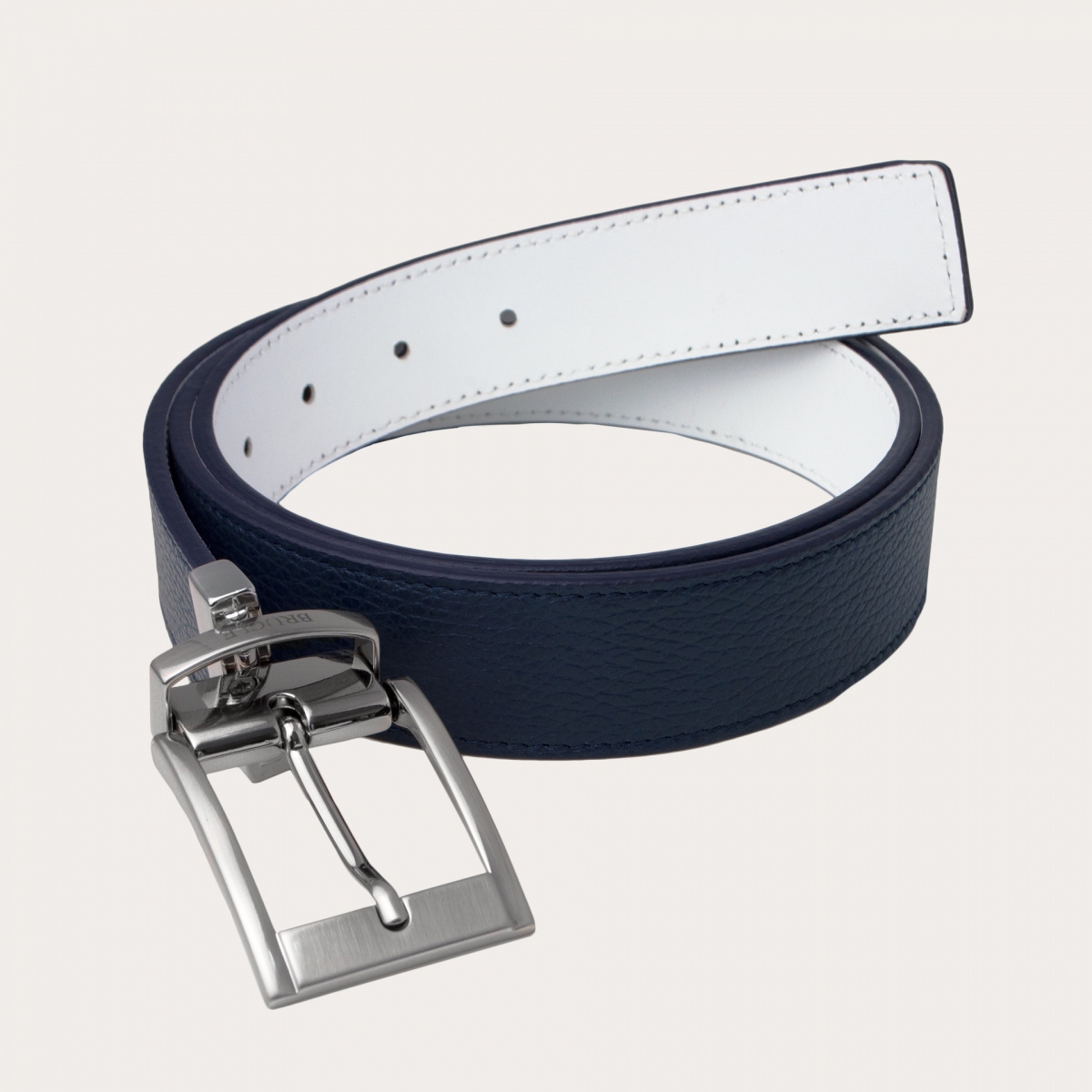 BRUCLE Cinturón reversible de piel blanca y azul marino con punta cuadrada
