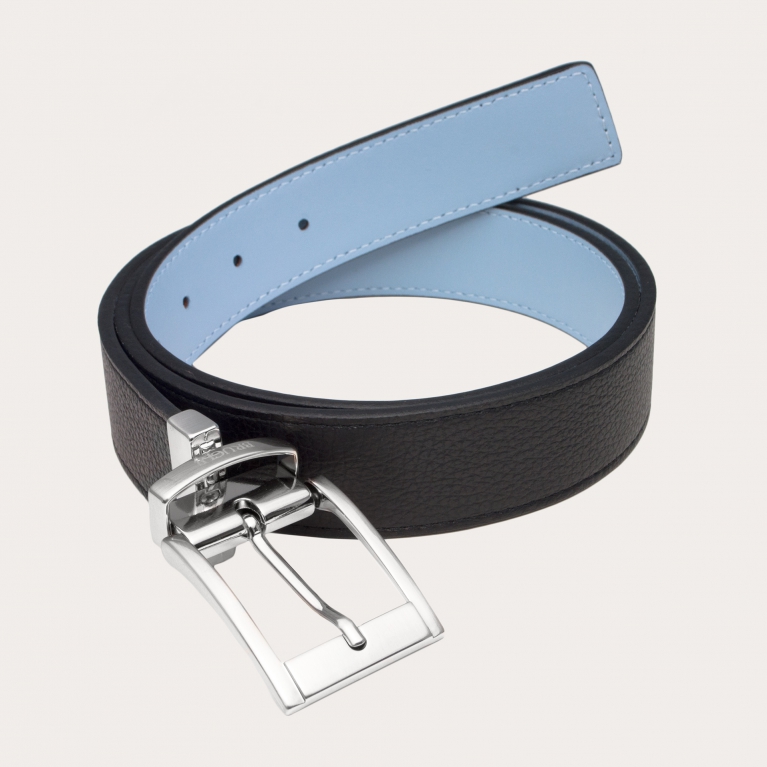 Cintura reversibile nera e azzurra in vera pelle punta quadrata