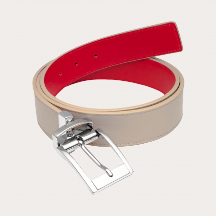 Reversible leather belt dove gray and red square tip