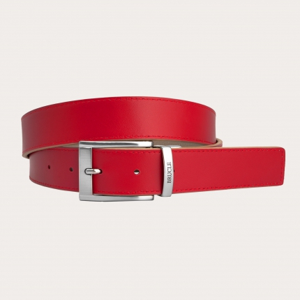 Cintura reversibile in pelle tortora e rossa con punta quadrata