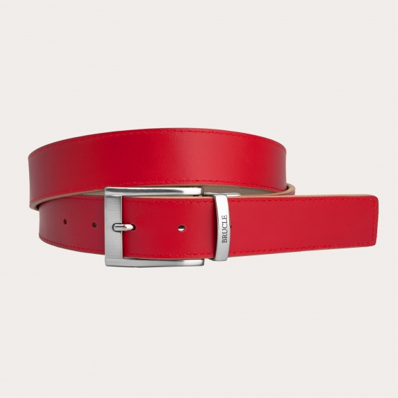 BRUCLE Cintura reversibile in pelle tortora e rossa con punta quadrata