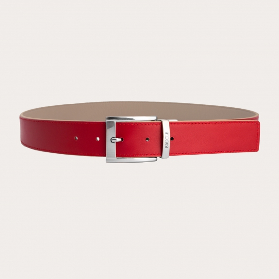 BRUCLE Cinturón reversible de piel topo y roja con punta cuadrada