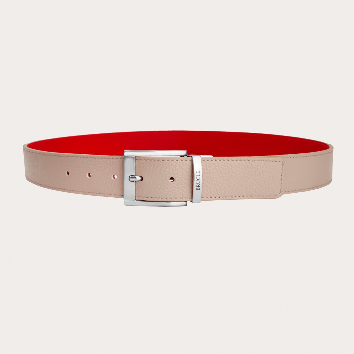 BRUCLE Cinturón reversible de piel topo y roja con punta cuadrada