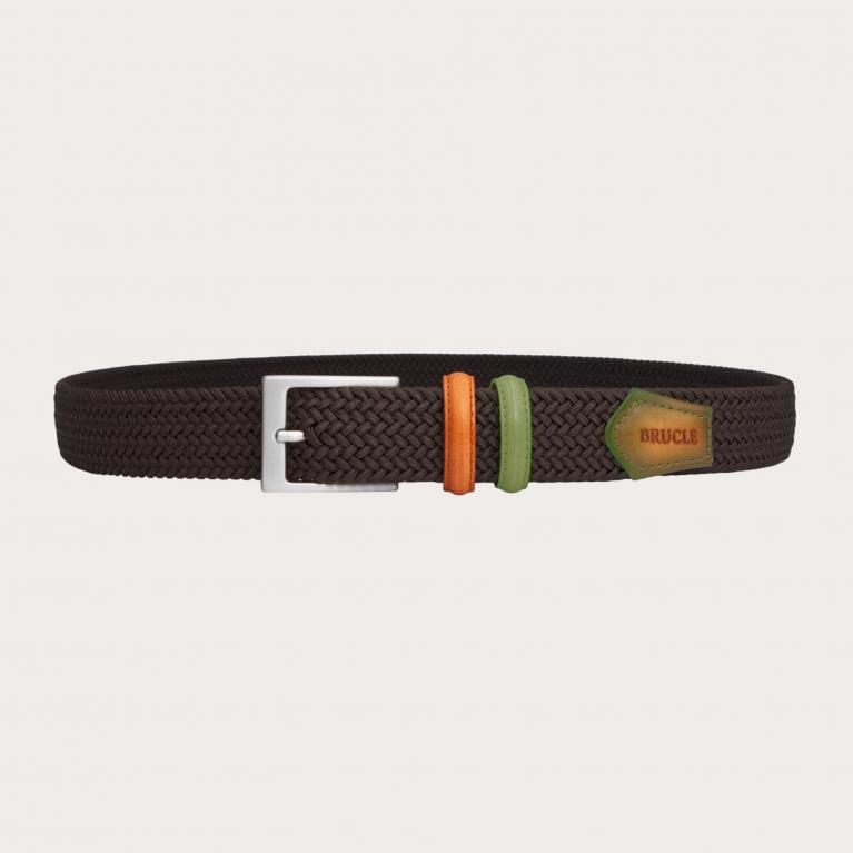 Cinturón elástico trenzado marrón con partes de piel bicolor tamponada a mano