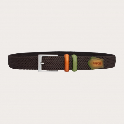 BRUCLE Braided brown elastic belt with hand-buffered two-tone leather parts