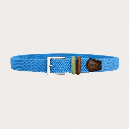 Braided light blue elastic belt with hand-buffered two-tone leather parts