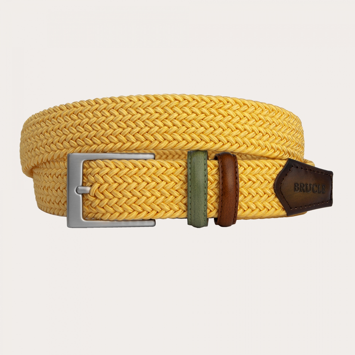 BRUCLE Cintura intrecciata elastica gialla con pelle colorata e sfumata a mano