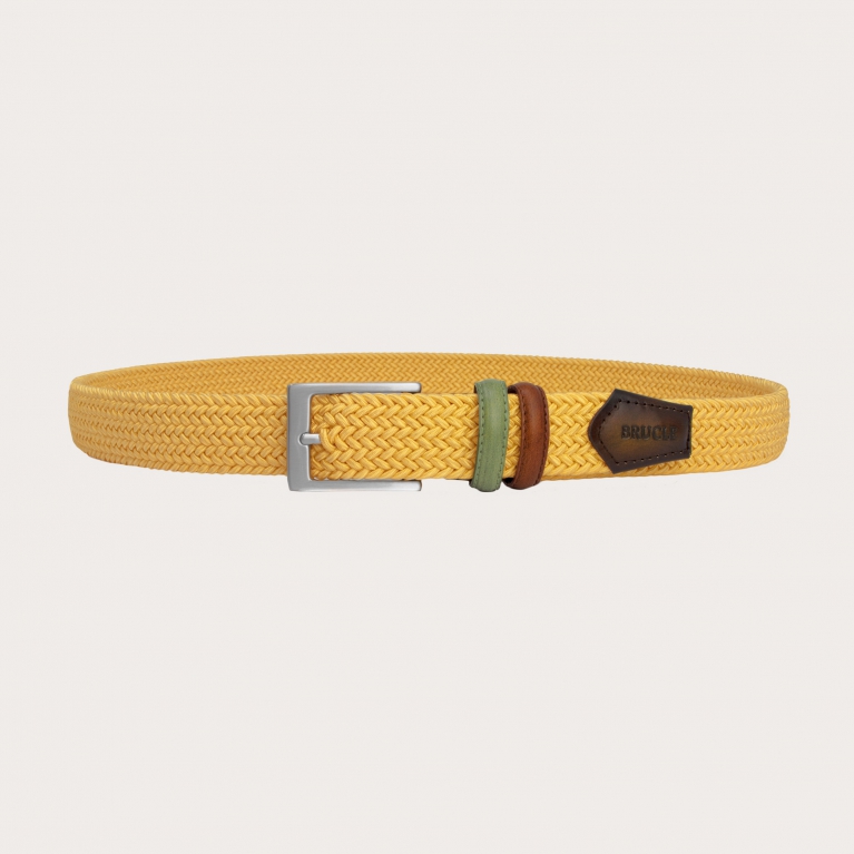 Cinturón elástico trenzado amarillo con partes de piel bicolor tamponada a mano