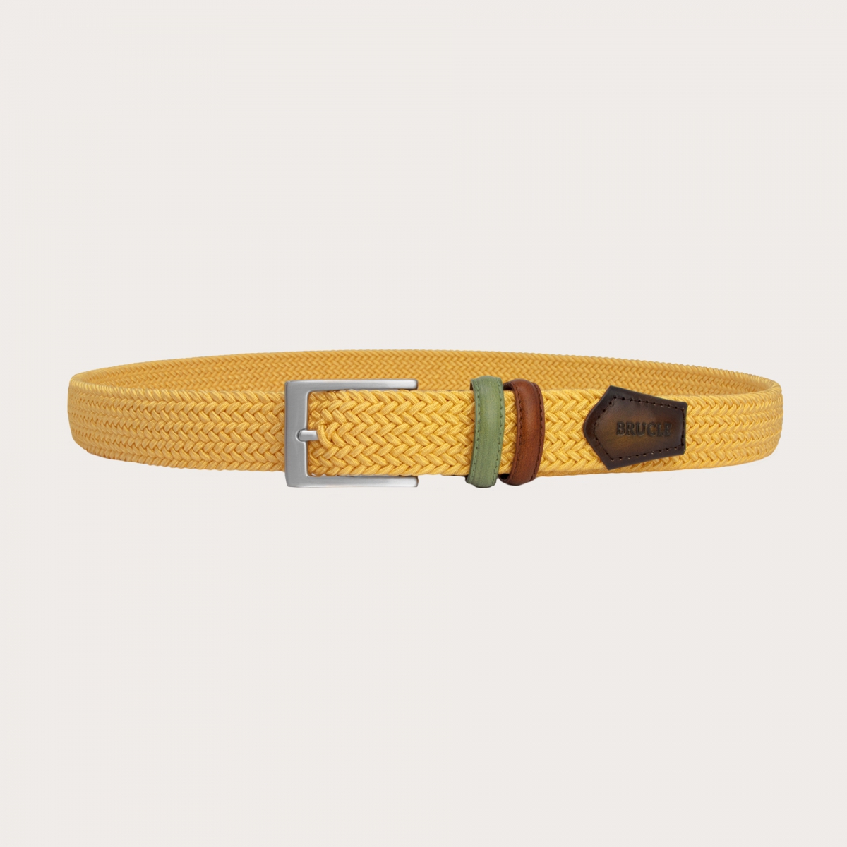 BRUCLE Cinturón elástico trenzado amarillo con partes de piel bicolor tamponada a mano
