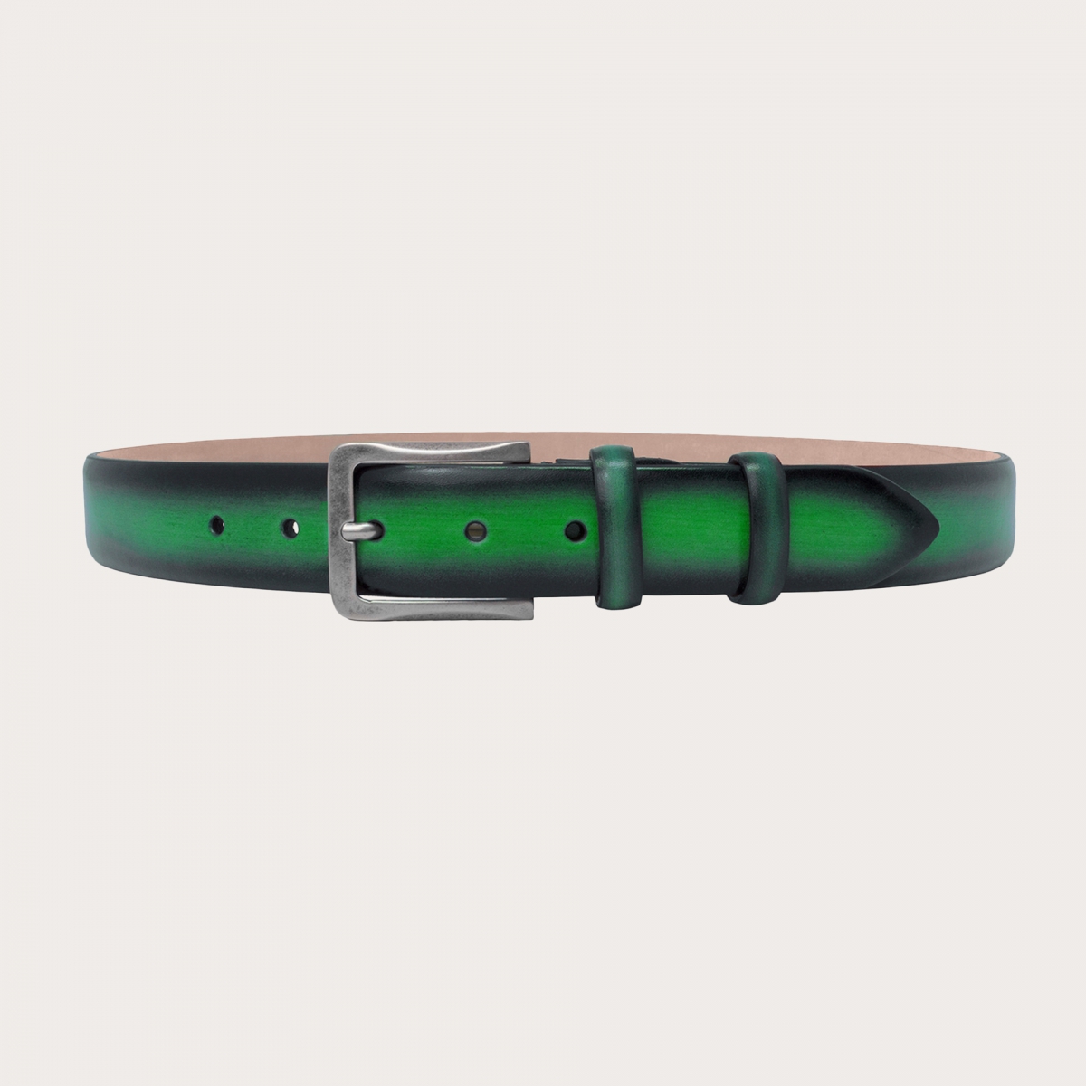 BRUCLE Originale cintura verde in cuoio tamponato e sfumato a mano
