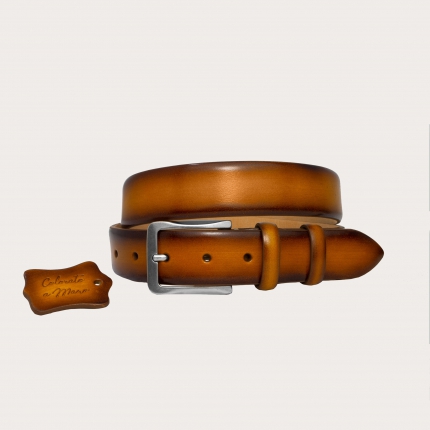 Handbuffered leather belt, gold brown