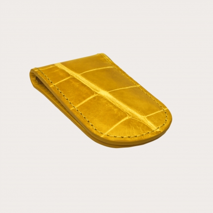 Elegant money clip in genuine shiny alligator, yellow