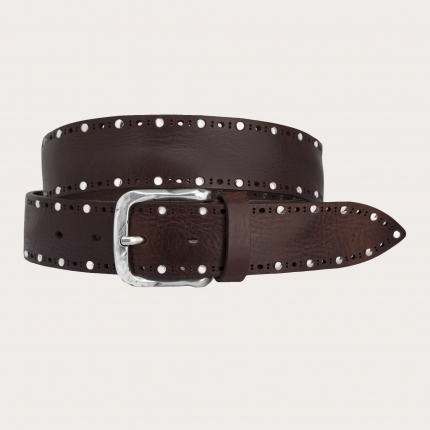 Raw cut leather belt with studs, brown