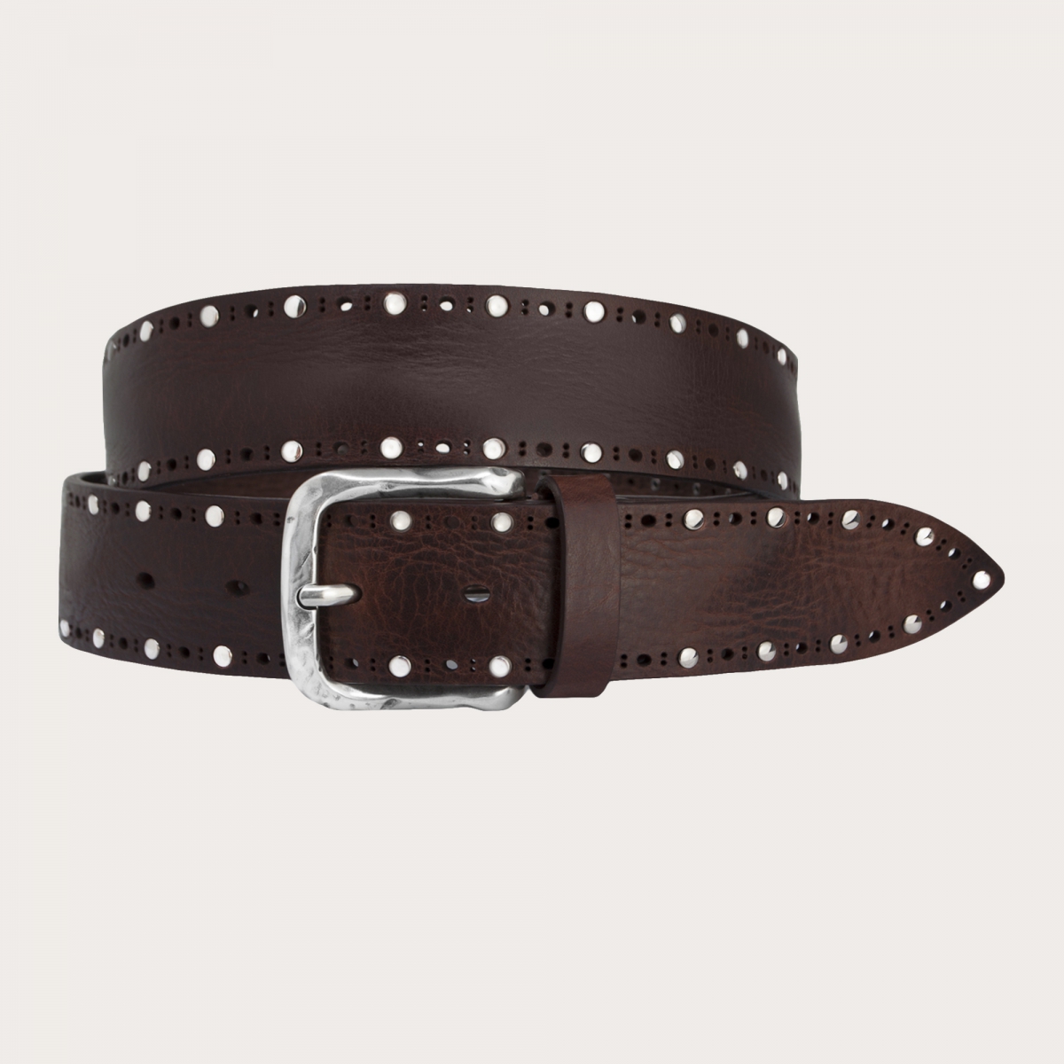 BRUCLE Raw cut leather belt with studs, brown