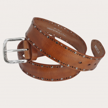 Raw cut leather belt with studs, tan