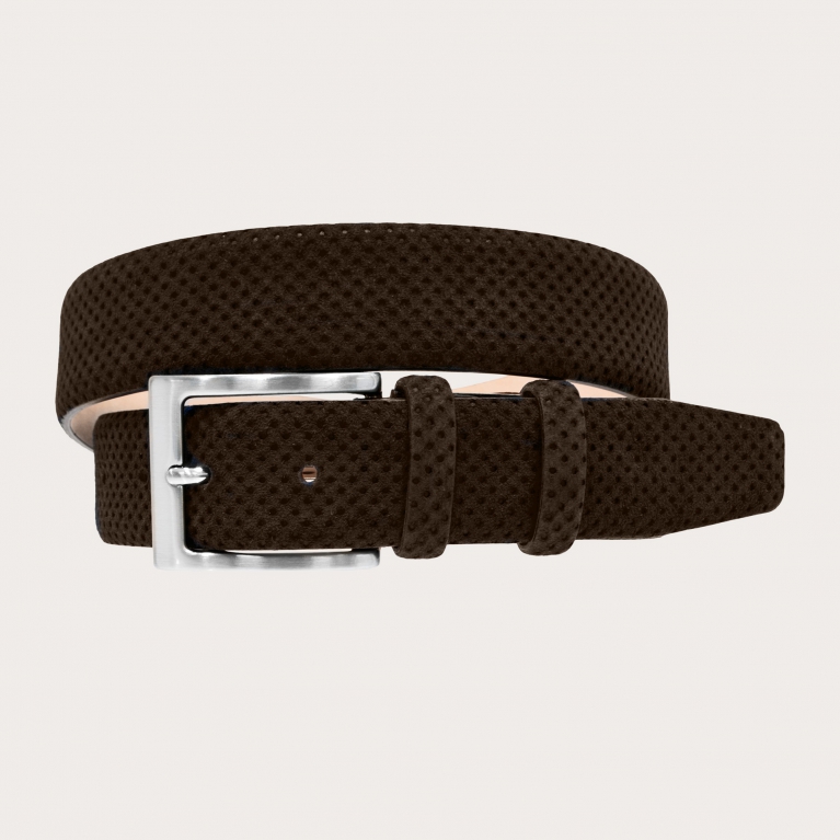 Ceinture marron en cuir suédé motif perforé