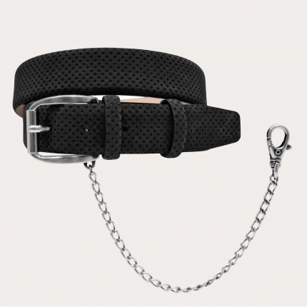 Drilled pattern suede belt with chain, black