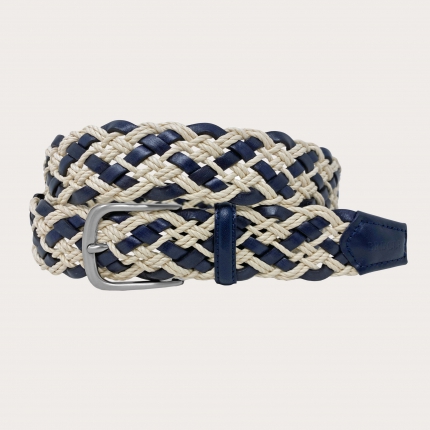 Cinturón trenzado blanco y azul de cuerda y piel