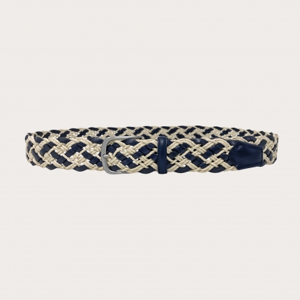Braided cotton and leather belt, dark blue and white