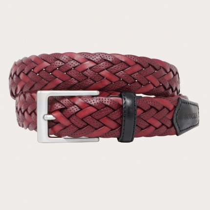 Braided genuine leather belt, red and dotted red
